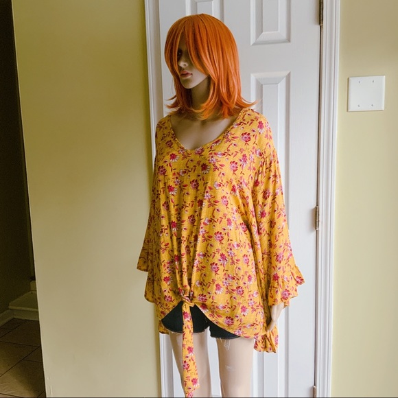 HPx2 Mustard Red Floral Tunic Relaxed Fit Ruffle Butterfly Sleeves Tie Waist SML - Picture 7 of 16